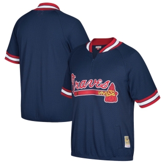 Men's Atlanta Braves Mitchell & Ness Navy Cooperstown Collection Mesh Batting Practice Quarter-Zip Jersey