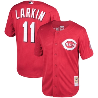 Men's Cincinnati Reds Barry Larkin Mitchell & Ness Red Fashion Cooperstown Collection Mesh Batting Practice Jersey