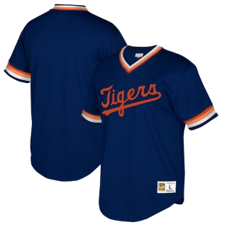 Men's Detroit Tigers Mitchell & Ness Navy Cooperstown Collection Mesh Wordmark V-Neck Jersey