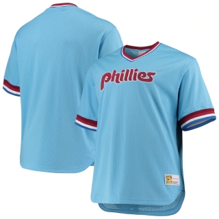 Men's Philadelphia Phillies Mitchell & Ness Light Blue Big & Tall Cooperstown Collection Mesh Wordmark V-Neck Jersey