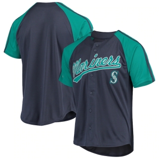 Men's Seattle Mariners Stitches Navy Button-Down Raglan Replica Jersey