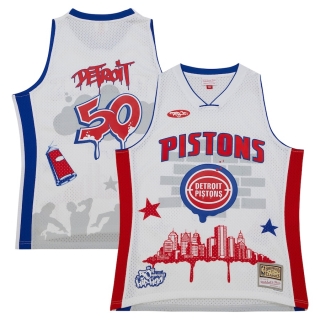 Men's Detroit Pistons Mitchell & Ness x Tats Cru White Hardwood Classics Fashion Jersey