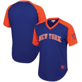 Men's New York Knicks Mitchell & Ness Blue Hardwood Classics Final Seconds Mesh Raglan Sleeve V-Neck T-Shirt