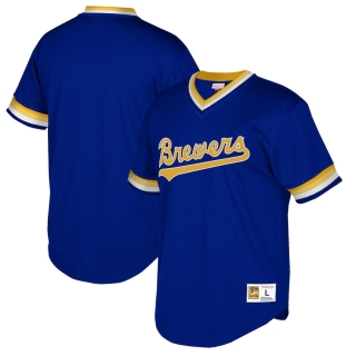 Men's Milwaukee Brewers Mitchell & Ness Royal Cooperstown Collection Mesh Wordmark V-Neck Jersey