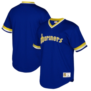 Men's Seattle Mariners Mitchell & Ness Royal Big & Tall Cooperstown Collection Mesh Wordmark V-Neck Jersey