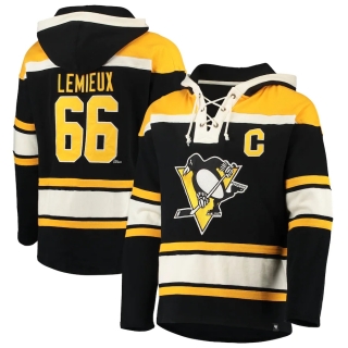 Men's Pittsburgh Penguins Mario Lemieux '47 Black Retired Player Name & Number Lacer Pullover Hoodie