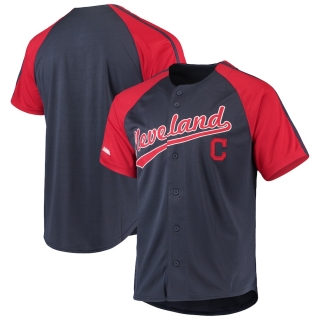 Men's Cleveland Indians Stitches Navy Button-Down Raglan Replica Jersey