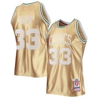 Men's Boston Celtics Larry Bird Gold Mitchell & Ness 75th Anniversary 1985-86 Hardwood Classics Swingman Jersey