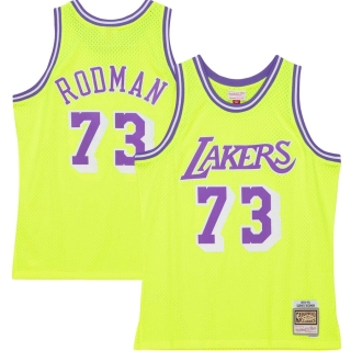 Men's Los Angeles Lakers Dennis Rodman Mitchell & Ness Neon Yellow Hardwood Classics 1998-99 Tropical Swingman Jersey